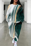 White Green Casual Street Letters Faux Denim Print Draw String Pocket Contrast O Neck Long Sleeve Two Pieces