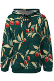Black Casual Street Fruit Print Draw String Pocket Contrast Hooded Tops