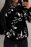 Black Casual Street Fruit Print Draw String Pocket Contrast Hooded Tops