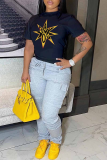 White Casual The stars Letter Print O Neck T-Shirts