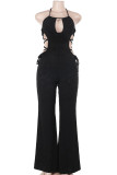 Black Casual Solid Color Hollow Out Patchwork Backless Halter Regular Jumpsuits