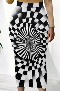 Black And White Casual Print Patchwork Regular Mid Waist Full Print Bottoms
