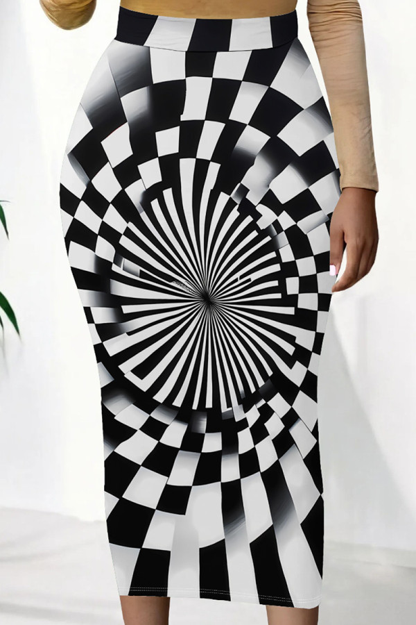 Black And White Casual Print Patchwork Regular Mid Waist Full Print Bottoms