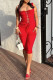 Red Sexy Solid Color Patchwork Backless Cross Straps Square Neck Two Pieces