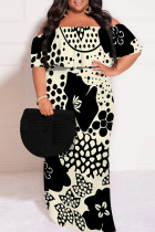 Beige Sexy Plaid Floral Print Letters Ruffle Contrast Off Shoulder Printed Plus Size Dresses