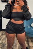 White Sexy Solid Color Pocket Patchwork Strapless Long Sleeve Three Pieces
