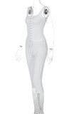 White Sexy Solid Color Patchwork Backless Cross Straps Square Neck Two Pieces