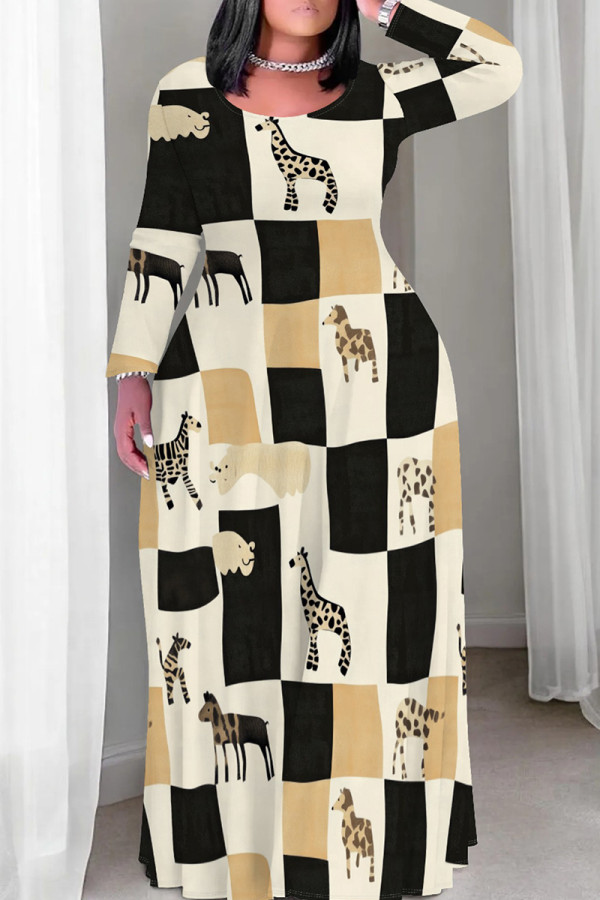 Black khaki Casual Print Patchwork O Neck Long Plus Size Dresses