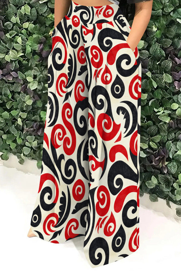 Milky Casual Print Pocket Patchwork Loose High Waist Wide Leg Full Print Bottoms