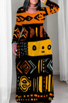 Orange Black Casual Print Patchwork O Neck Long Plus Size Dresses