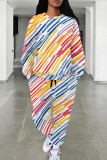 Colour Casual Print Draw String Pocket Patchwork O Neck Long Sleeve Two Pieces