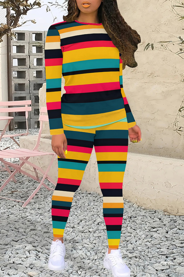 Blue Yellow Casual Print Patchwork O Neck Long Sleeve Two Pieces