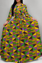 Green Purple Casual Print Patchwork Strap Design O Neck Long Dresses