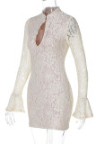 Light Yellow Sexy Solid Color Lace Hollow Out Patchwork O Neck Wrapped Skirt Dresses