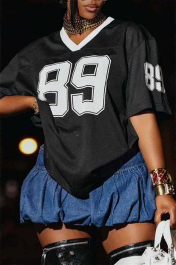 Black Casual Digital Print Patchwork V Neck T-Shirts