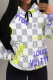 White Casual Street Plaid Letter Print Draw String Pocket Contrast Hooded Tops