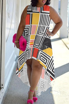 Yellow White Casual Print Patchwork O Neck Irregular Plus Size Dresses