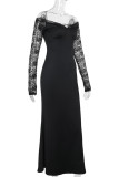 Black Elegant Solid Color Lace Patchwork Backless Off Shoulder Long Dresses