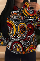 Orange Black Casual Print Draw String Pocket Patchwork Hooded Tops
