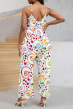 Multi-color Casual Street Geometric Print Pocket Belted Contrast V Neck Loose Jumpsuits