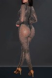 Black Sexy Hot Patchwork Hot Drilling See-Through Half A Turtleneck Skinny Jumpsuits
