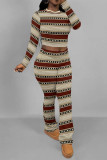 Burgundy Casual Street Plaid Stripe Gradient O Neck Long Sleeve Two Pieces