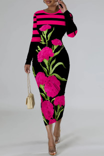 Black Red Casual Street Floral Print Contrast O Neck Printed Dresses