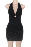 Black Sexy Solid Color Patchwork Backless Strap Design Hot Drill Halter Wrapped Skirt Dresses