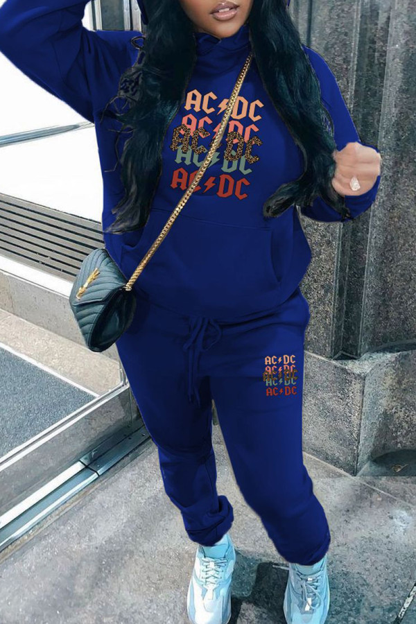 Blue Casual Print Draw String Pocket Patchwork Hooded Long Sleeve Two Pieces