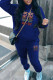 Blue Casual Print Draw String Pocket Patchwork Hooded Long Sleeve Two Pieces
