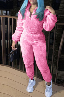 Pink Casual Solid Color Patchwork Zipper Zipper Collar Long Sleeve Two Pieces