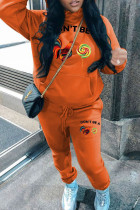 Orange Casual Print Draw String Pocket Patchwork Hooded Long Sleeve Two Pieces