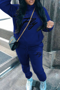 Blue Casual Letters Draw String Pocket Patchwork Hooded Long Sleeve Two Pieces