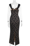 Black Elegant Solid Color Lace Patchwork Backless Asymmetrical Collar Long Dresses