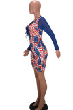 Blue Casual Print Patchwork Belted Deep V Neck Skinny Rompers