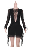 Black Sexy Solid Color Hollow Out Patchwork Ruffled Trim Deep V Neck Wrapped Skirt Dresses