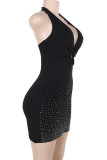 Black Sexy Solid Color Patchwork Backless Strap Design Hot Drill Halter Wrapped Skirt Dresses