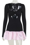 Black Sexy Solid Color Hollow Out Patchwork Asymmetrical Collar A Line Dresses