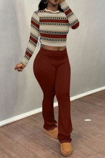 Burgundy Casual Street Plaid Stripe Gradient O Neck Long Sleeve Two Pieces