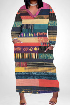 Multicolor Casual Print Pocket Patchwork V Neck Long Plus Size Dresses