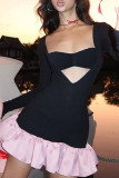 Black Sexy Solid Color Hollow Out Patchwork Asymmetrical Collar A Line Dresses