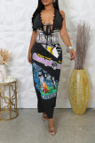 Grey Sexy Casual Print Lace Patchwork Belted Deep V Neck Long Dresses
