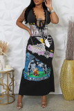 Grey Sexy Casual Print Lace Patchwork Belted Deep V Neck Long Dresses
