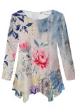 Black khaki Casual Daily Floral Print Irregular Contrast O Neck Tops