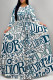 Light Blue Street Daily Letter Print Gradient Lace Up Contrast O Neck Printed Dresses