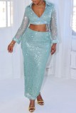 Black Sexy Party Patchwork Sequins Belted V Neck Long Sleeve Two Pieces