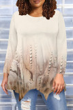 Beige Casual Daily Floral Print Gradient Irregular Contrast O Neck Tops