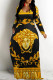 Black Gold Casual Daily Figure Print Pocket Contrast V Neck Printed Dresses