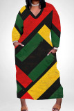 Black Green Casual Print Pocket Patchwork V Neck Long Plus Size Dresses