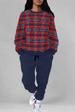 Pink Casual Street Plaid Ombre Print Pocket Lace Up Contrast O Neck Long Sleeve Two Pieces